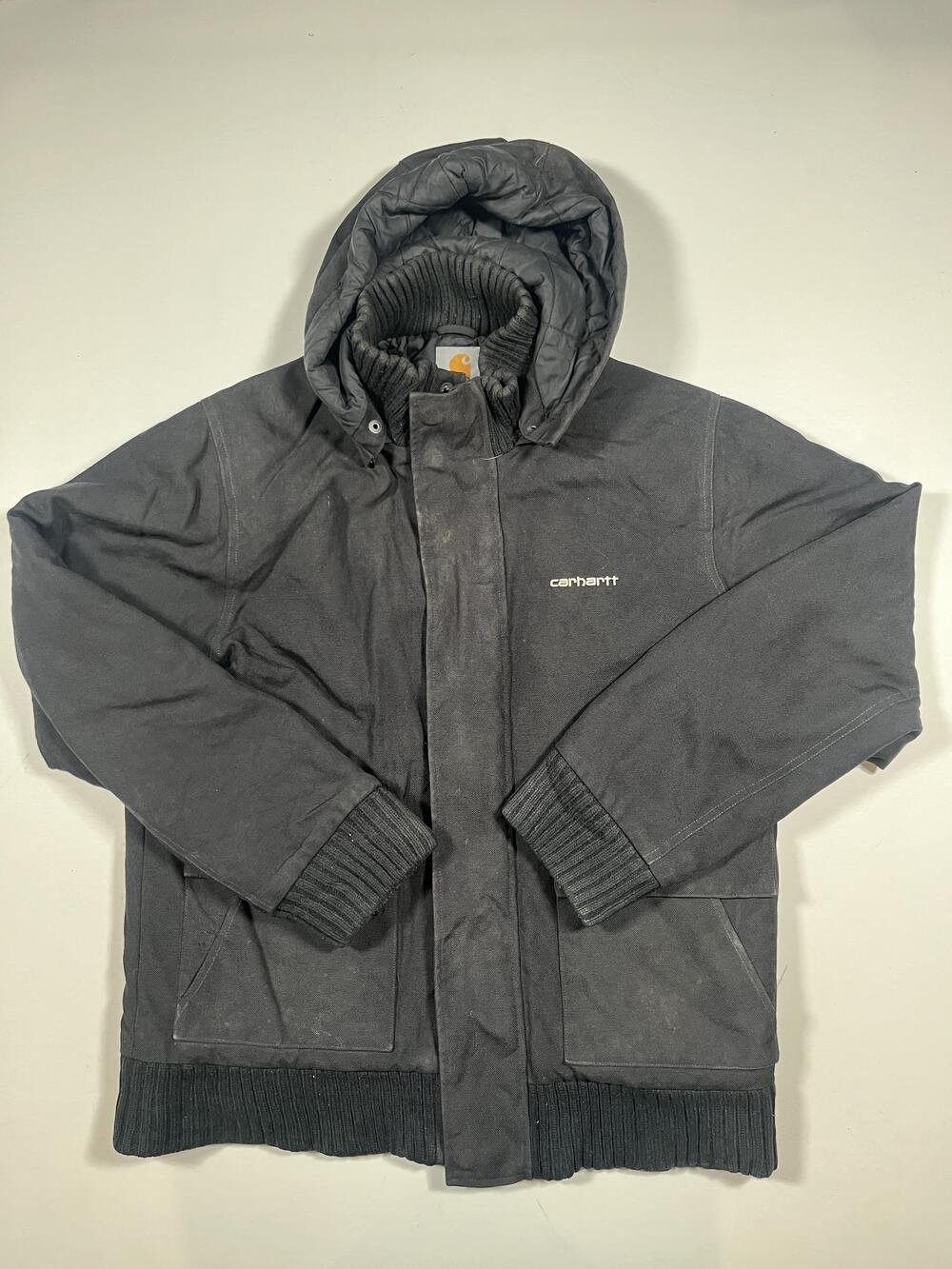 Vintage Carhartt Jacket Mens Medium Black Cordura Bomber Hooded Lined USA Warm